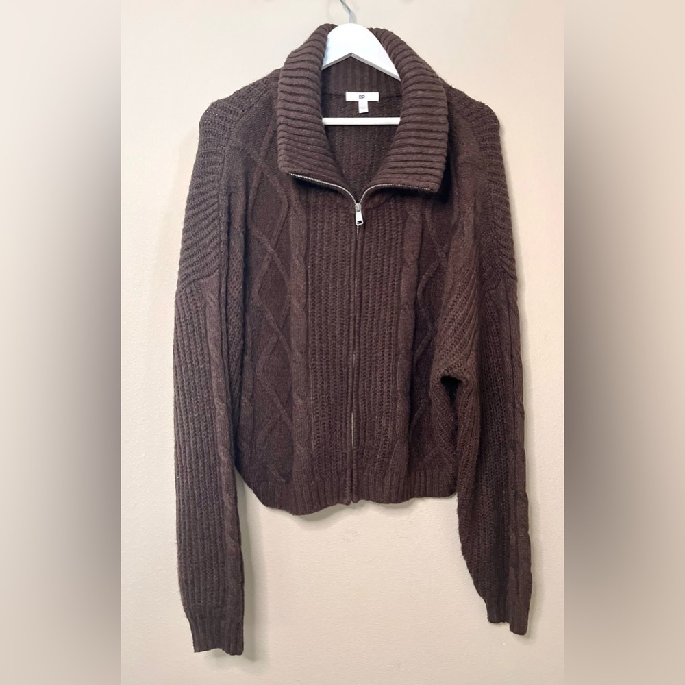 BP. Mock Neck Cable Knit Zip Cardigan